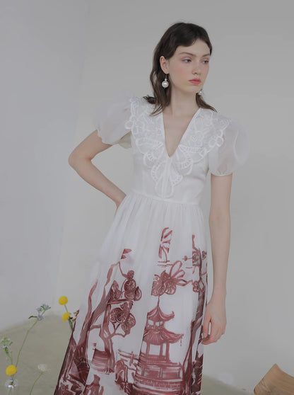 V-neck embroidered organza short-sleeved dress