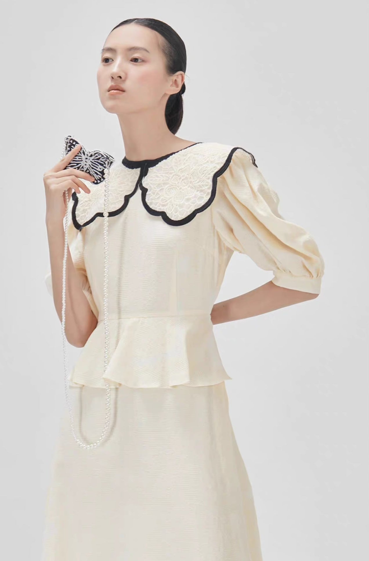 beige jacquard embroidered lapel waist dress 