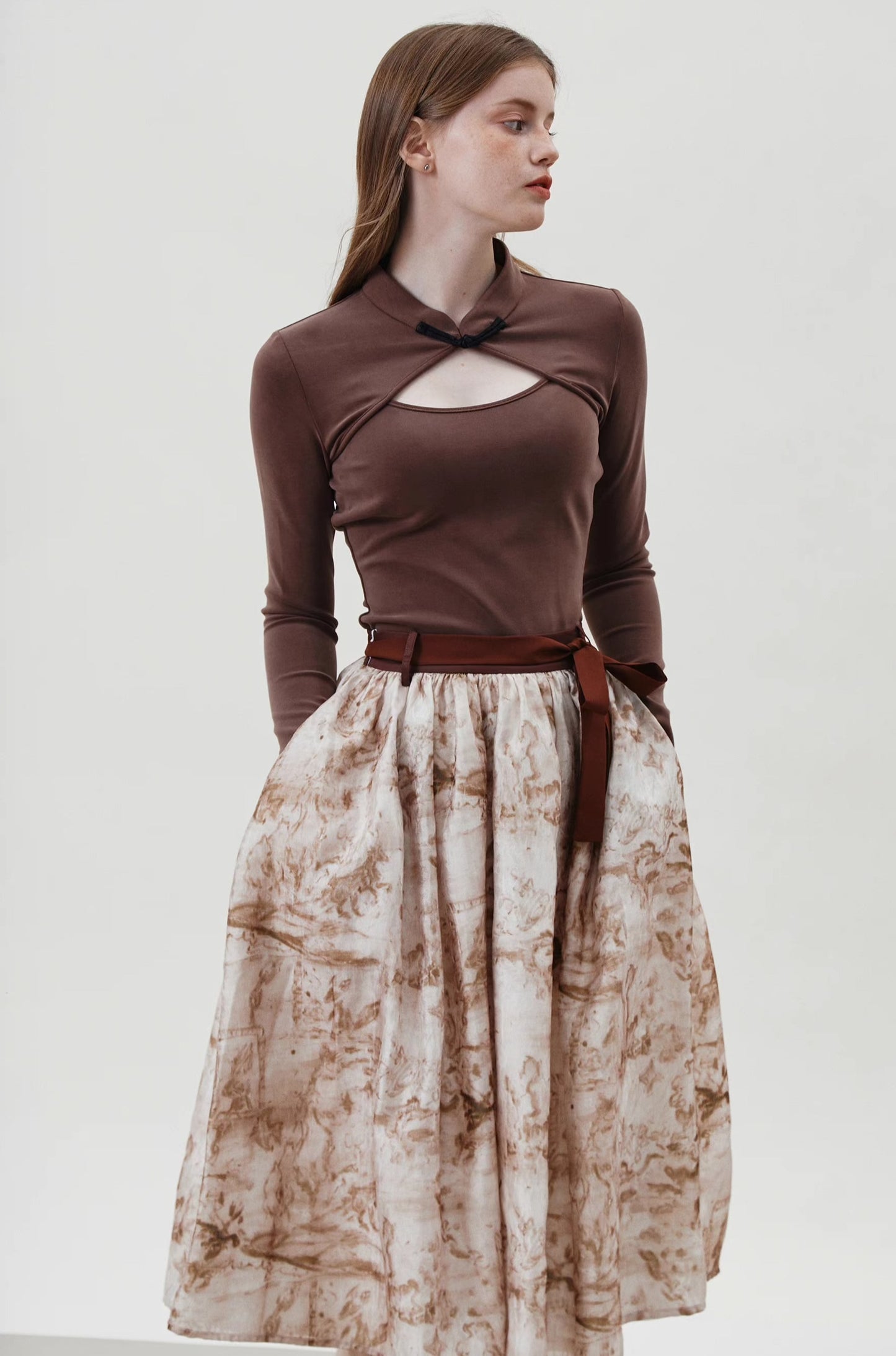red and brown smudged lace skirt 
