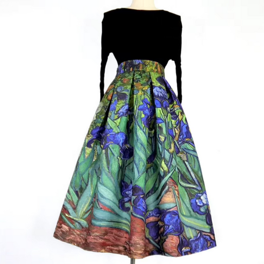 retro printed high-waisted pockets skirt