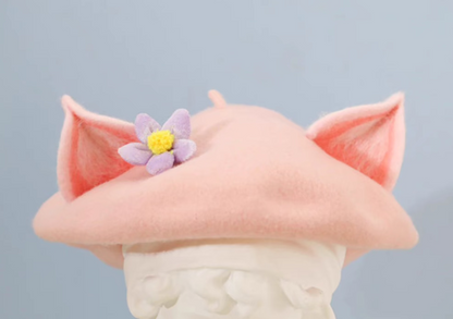 wool felt cute pink fox ears beret