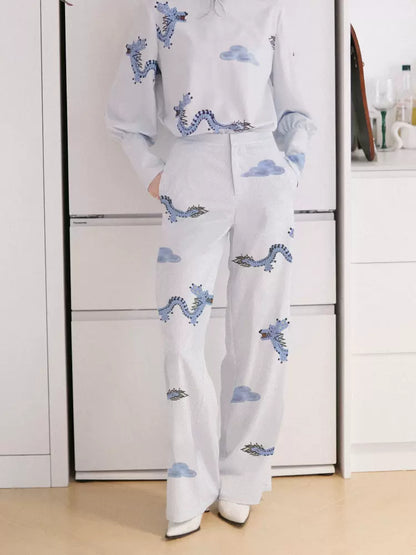 national style blue dragon cloud printed pants