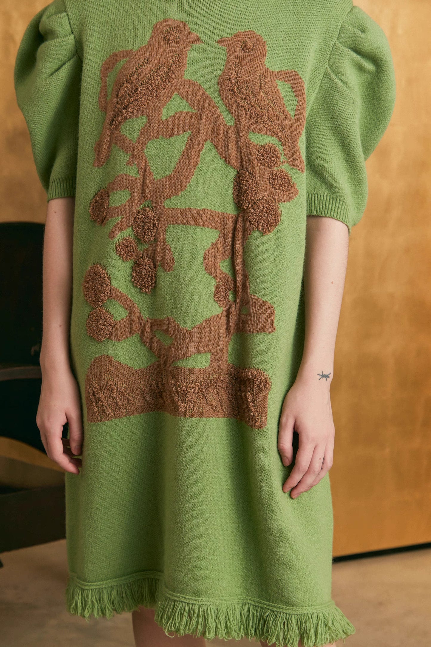 tassel flower and bird puff sleeve sweater dress