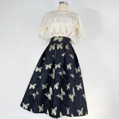 Butterfly retro embroidered high-waisted A-line fluffy skirt