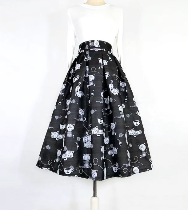 cat embroidered mid-length tutu skirt