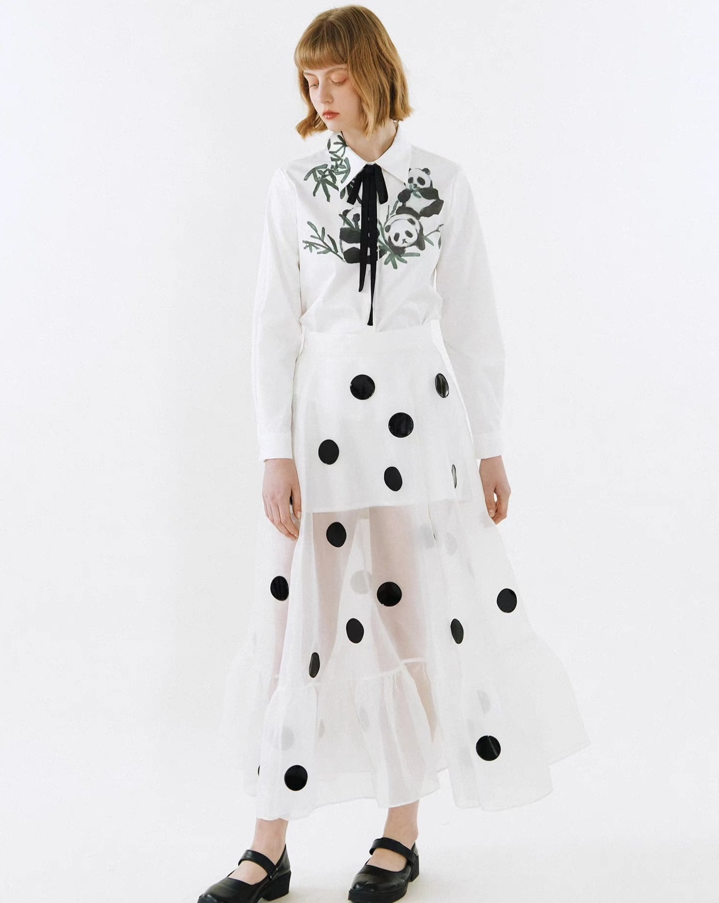 black and white polka dot patch organza skirt 