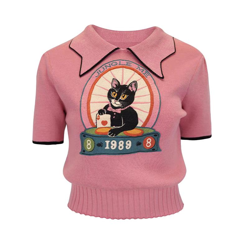 cat embroidered pink short slim fit sweater 