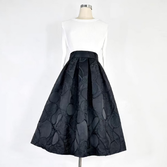 Hepburn Style Black Embroidered High Waist Skirt 