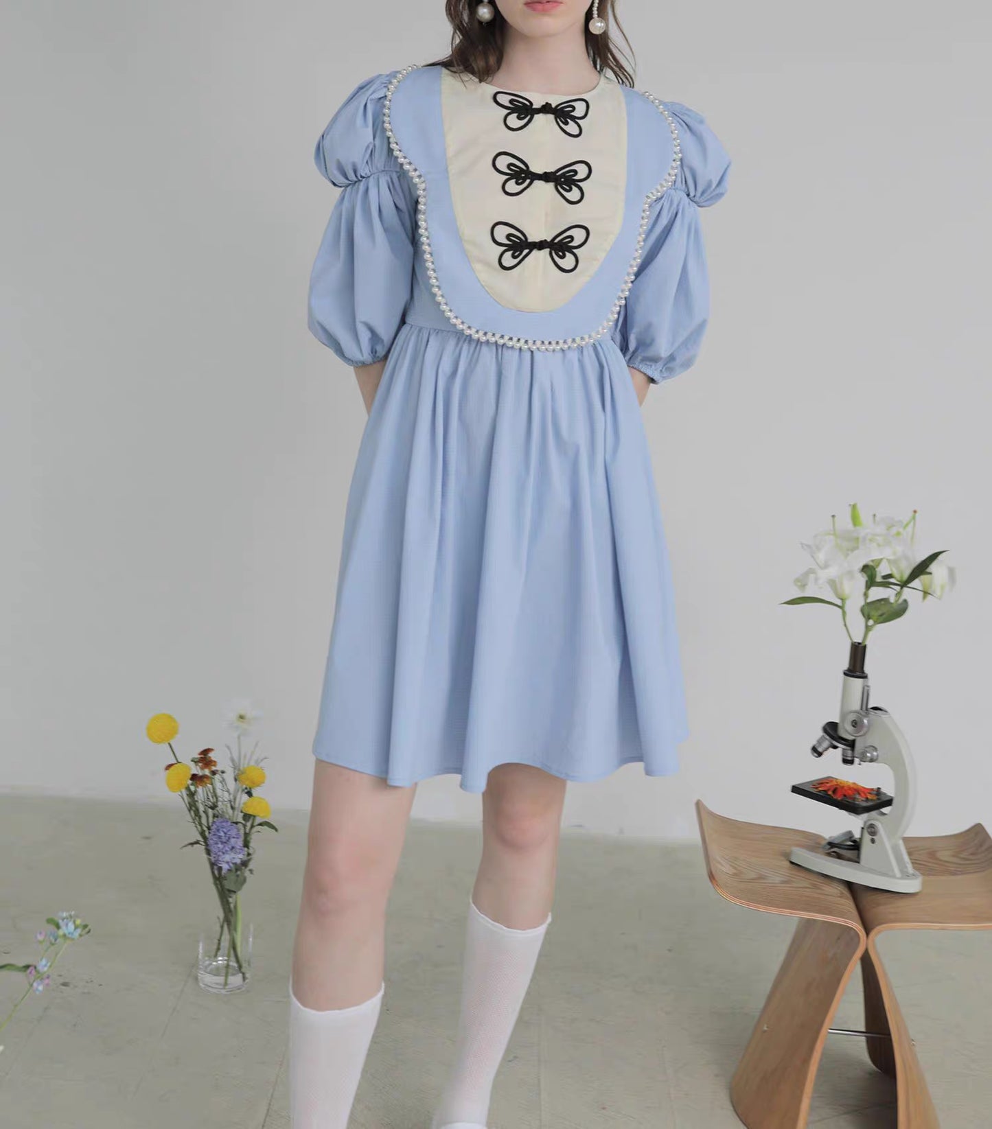 blue butterfly plate button short-sleeved dress 