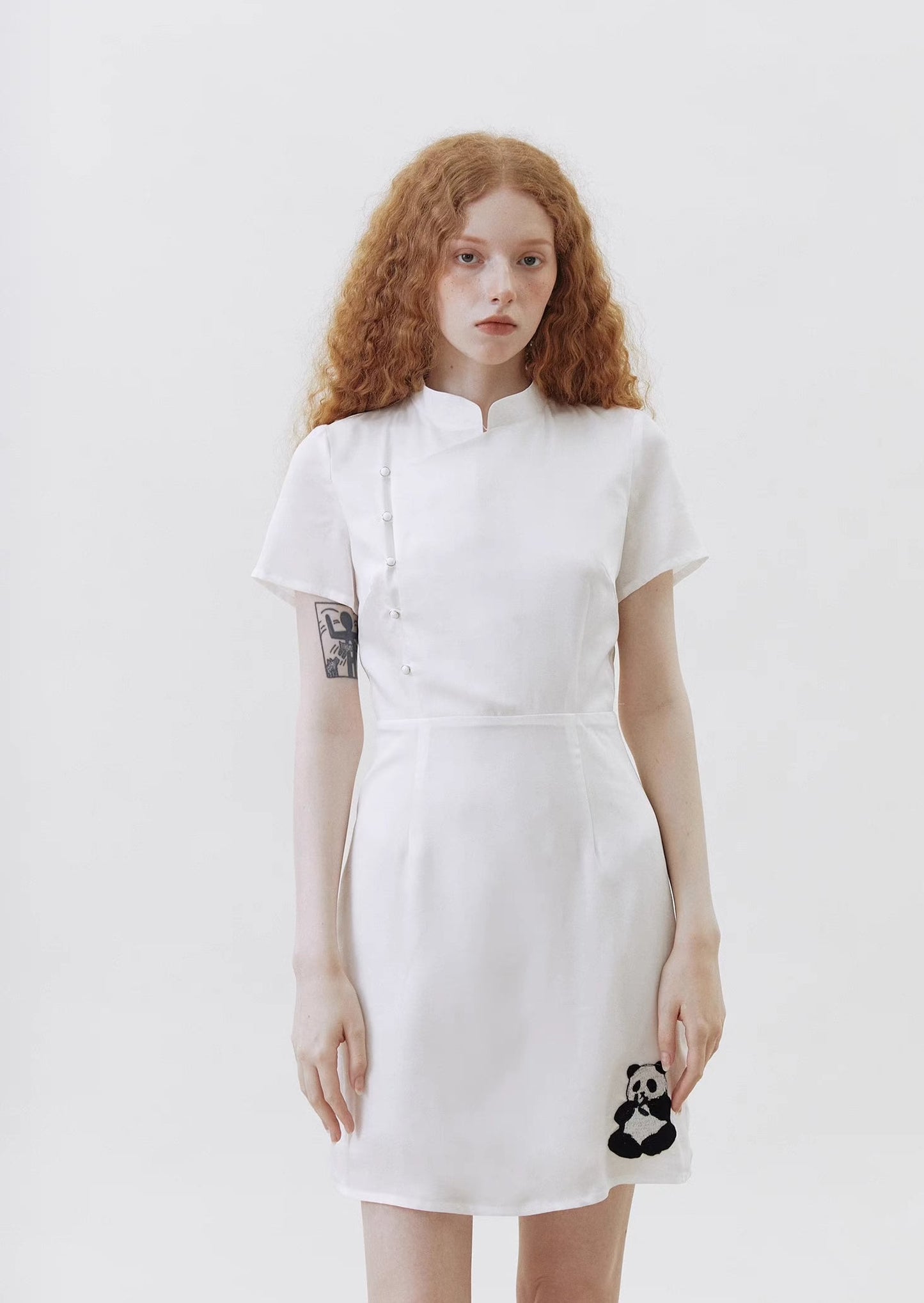 oblique placket panda embroidered stand collar small white dress 