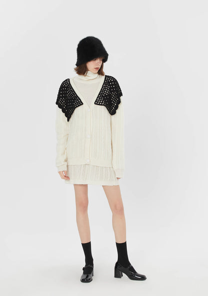 black and white stitching hollow knit cardigan 