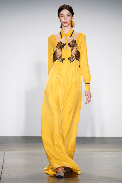 yellow leopard cat embroidered hollow long-sleeved dress 