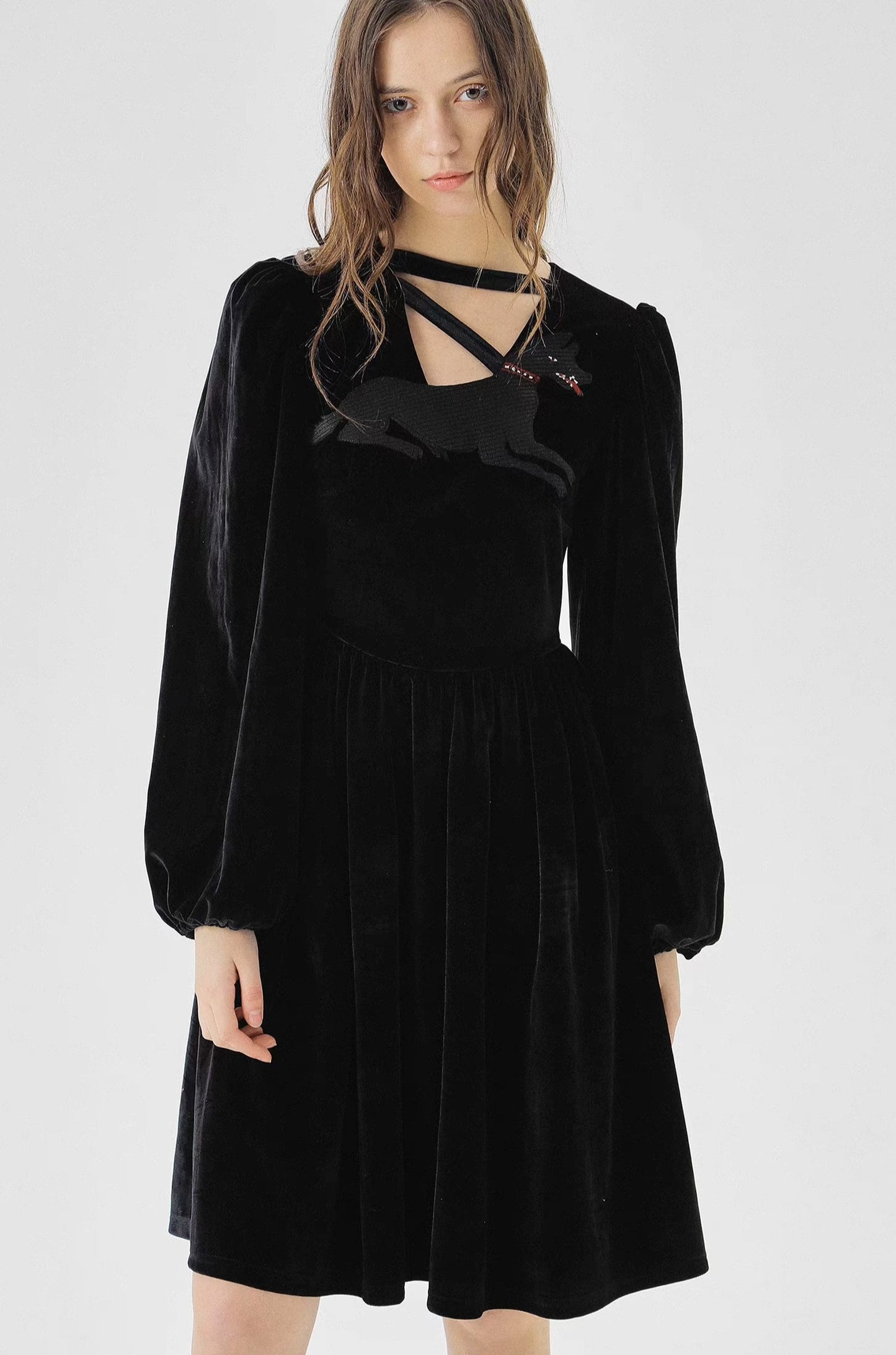 black velvet dress with dog animal embroidery 