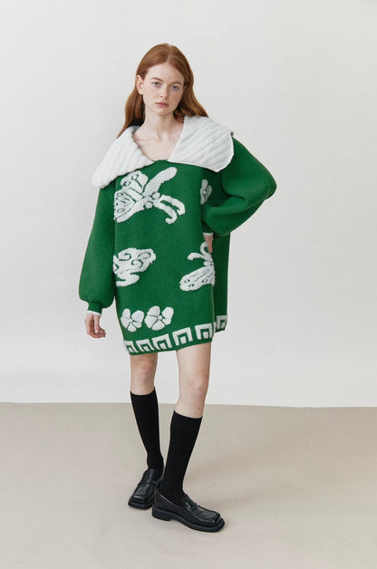 butterfly flower green sweater knitted skirt 