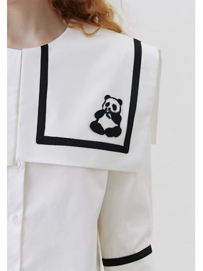 panda embroidered navy collar white shirt 