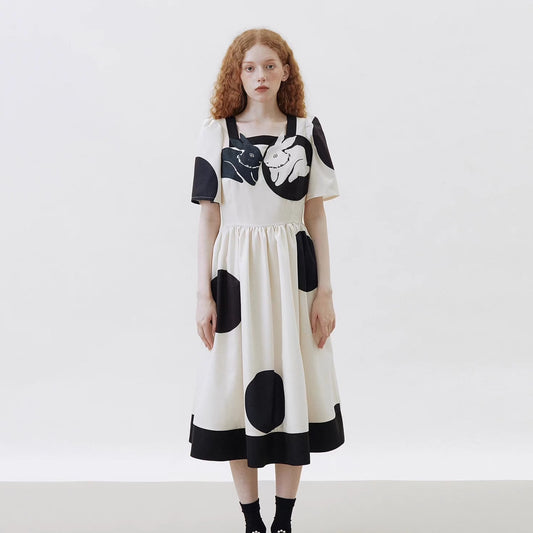 Rabbit French style contrasting print large hem skirt