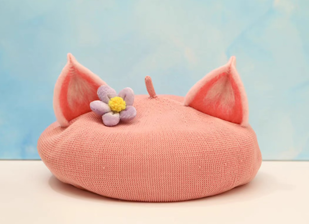 wool felt cute pink fox ears beret