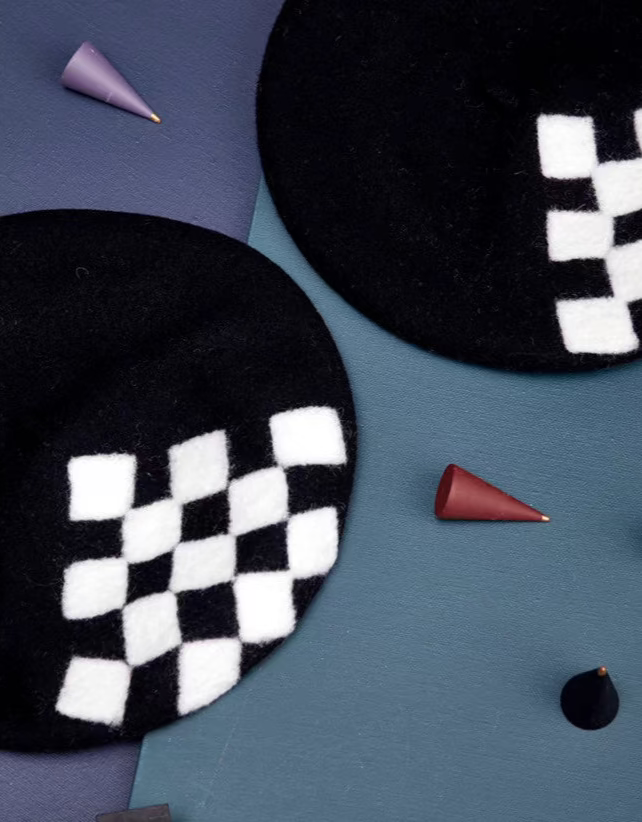 Checkerboard black and white square beret