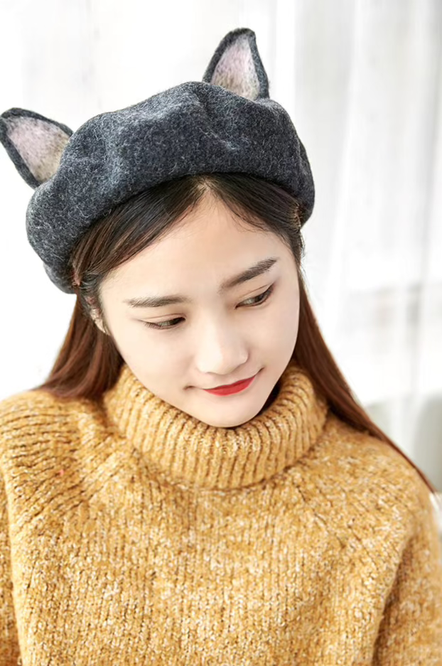 Wool Felt Dark Linen Gray Cat Ears Beret