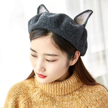 Wool Felt Dark Linen Gray Cat Ears Beret