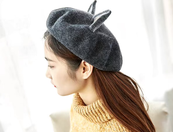 Wool Felt Dark Linen Gray Cat Ears Beret