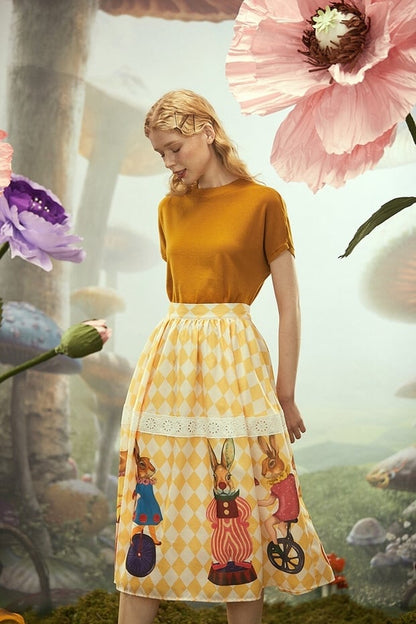 Plaid Fairytale Rabbit Spring Lace Embroidery Skirt