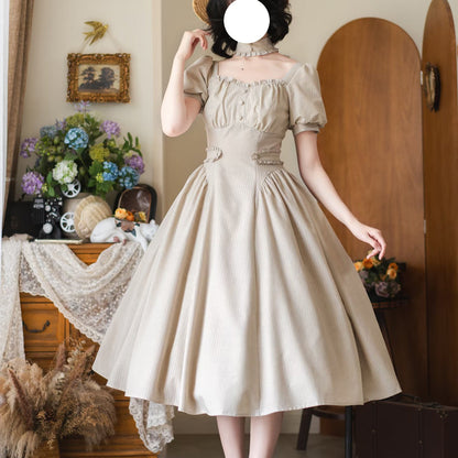 英国のお嬢様のクラシカルストライプワンピース - Sand Beige