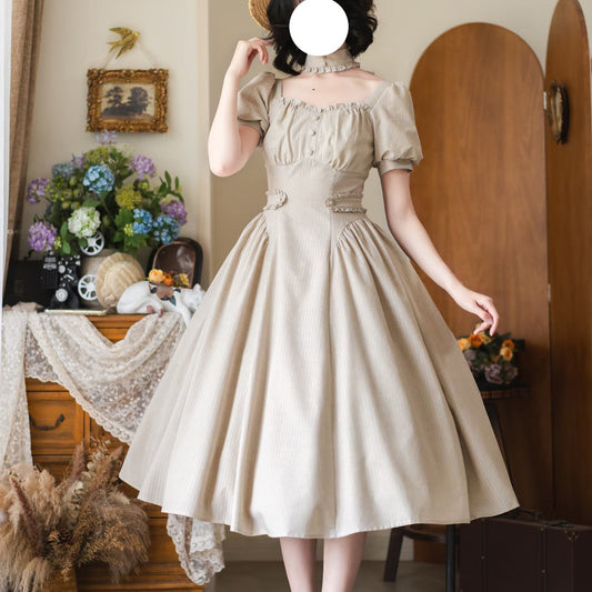 英国のお嬢様のクラシカルストライプワンピース - Sand Beige