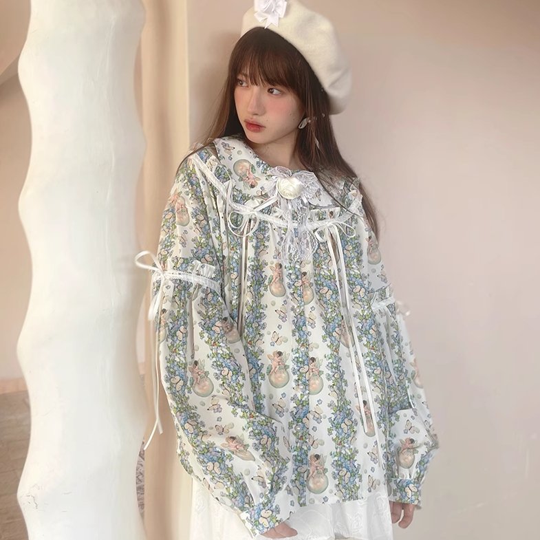 Angel Print Web Bow Puff Sleeve Loose Shirt