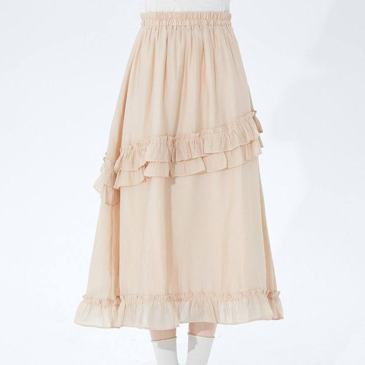 Apricot double layer mid-length high waist A-line skirt