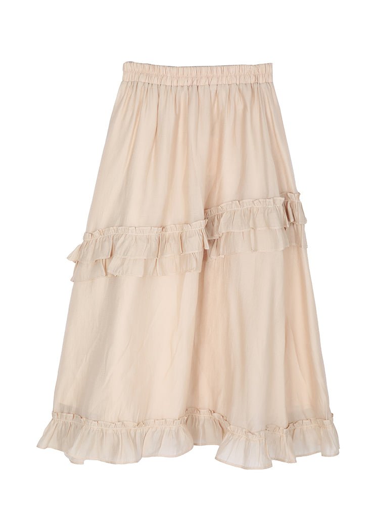 Apricot double layer mid-length high waist A-line skirt
