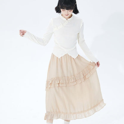 Apricot double layer mid-length high waist A-line skirt