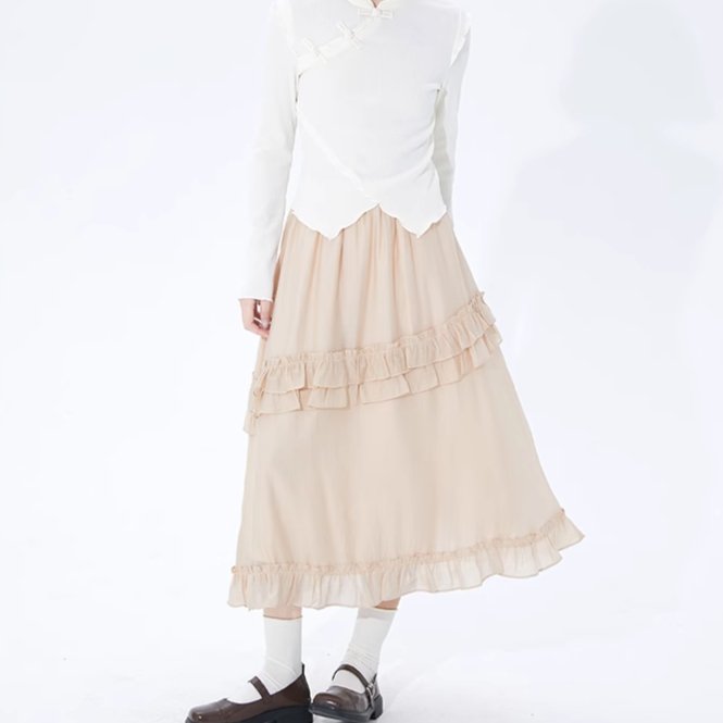 Apricot double layer mid-length high waist A-line skirt