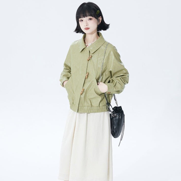 Avocado green lapel leather jacket