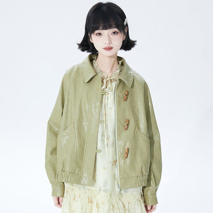 Avocado green lapel leather jacket