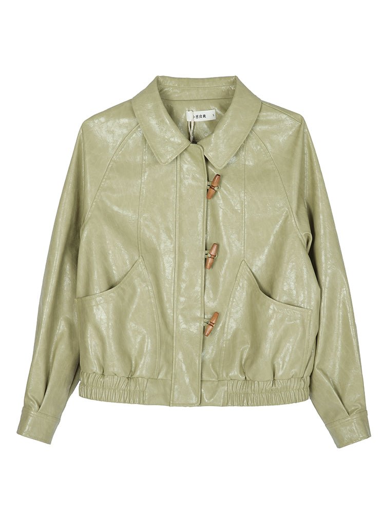 Avocado green lapel leather jacket