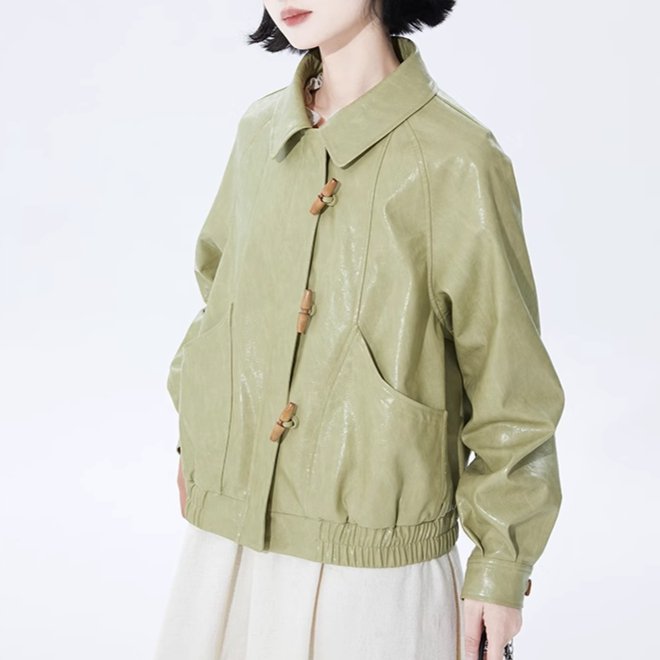 Avocado green lapel leather jacket