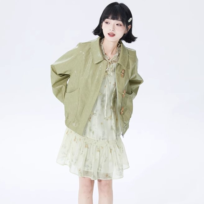 Avocado green lapel leather jacket