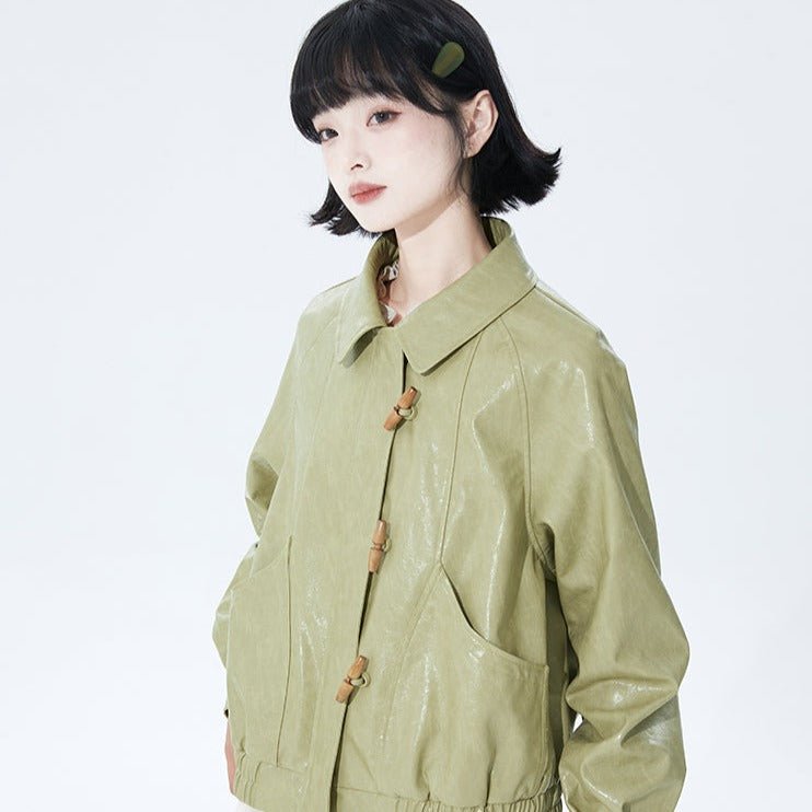 Avocado green lapel leather jacket