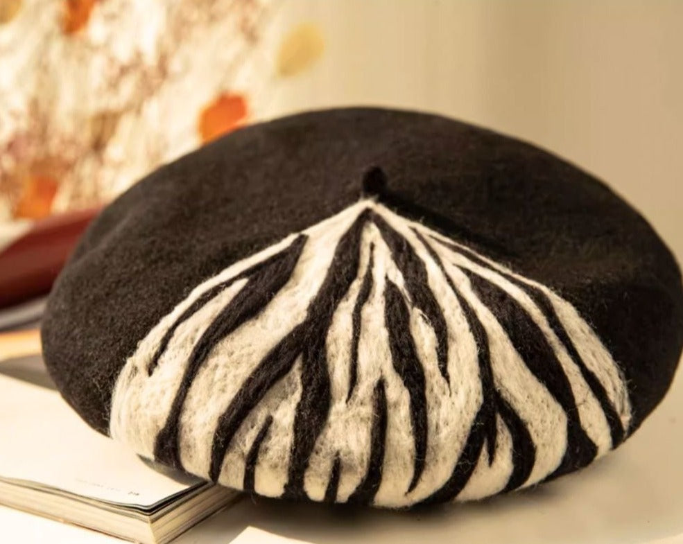 zebra design wool felt beret 