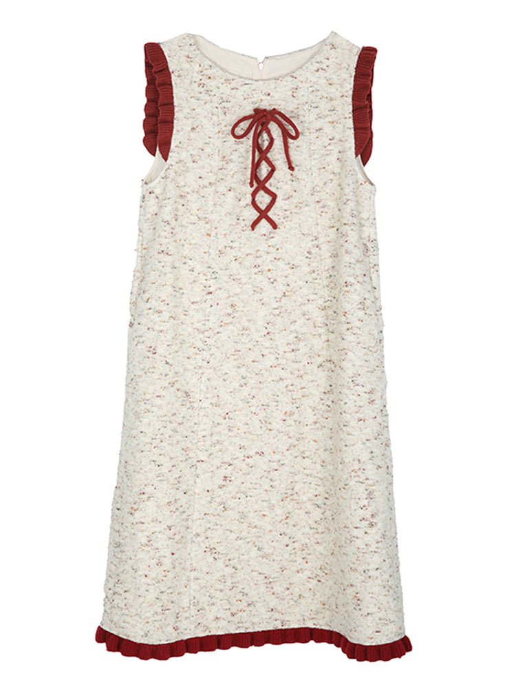 Beige Floral Red Wool Vest Inner Knit Dress