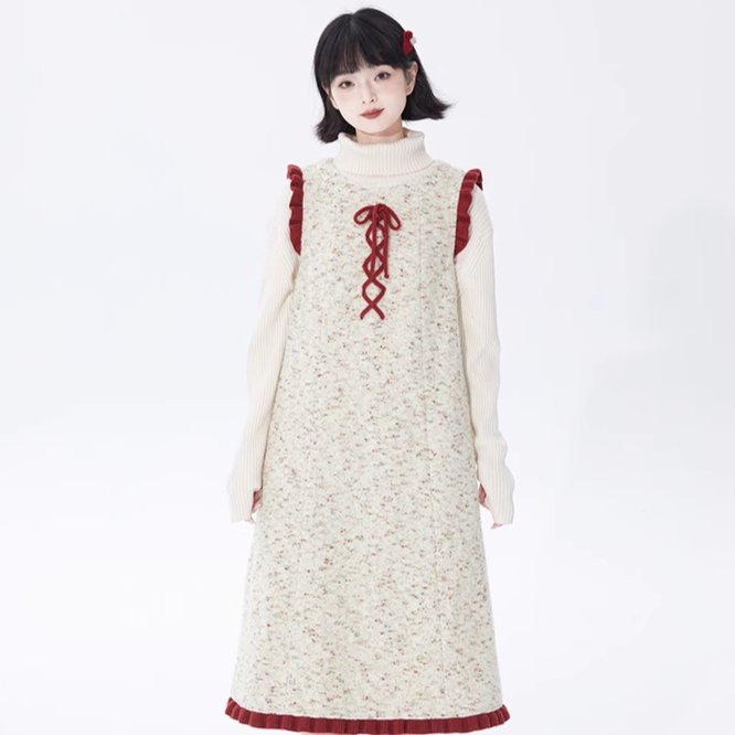 Beige Floral Red Wool Vest Inner Knit Dress