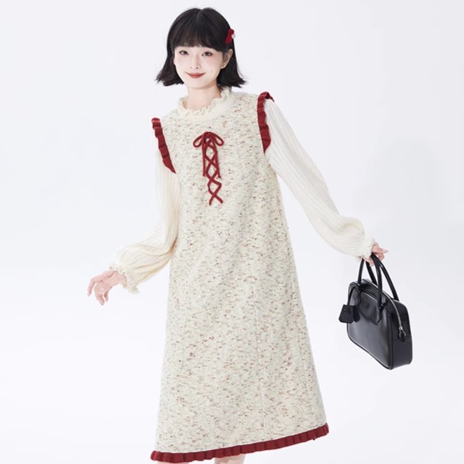 Beige Floral Red Wool Vest Inner Knit Dress