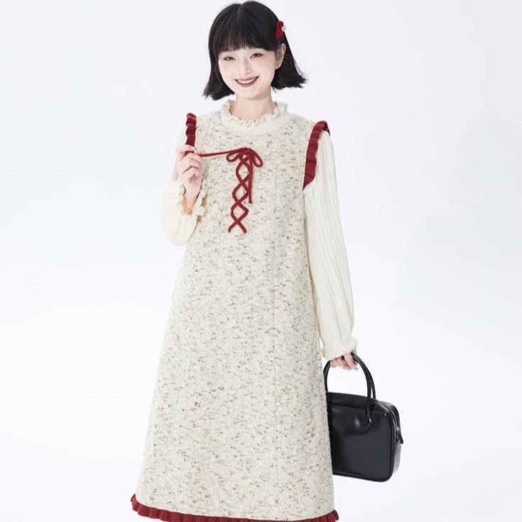 Beige Floral Red Wool Vest Inner Knit Dress