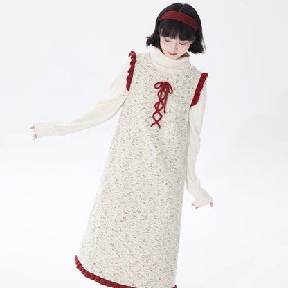 Beige Floral Red Wool Vest Inner Knit Dress