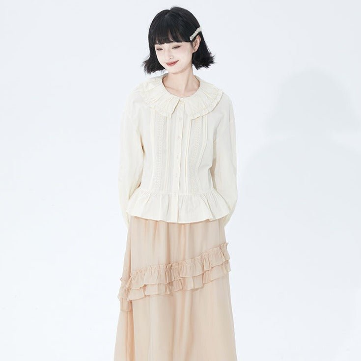 Beige lotus leaf collar long sleeve shirt