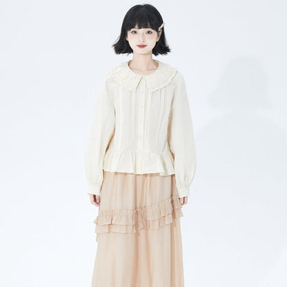 Beige lotus leaf collar long sleeve shirt