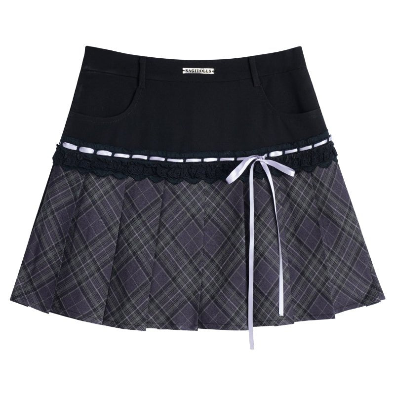 Bias cut dark purple plaid ribbon pleated skirt