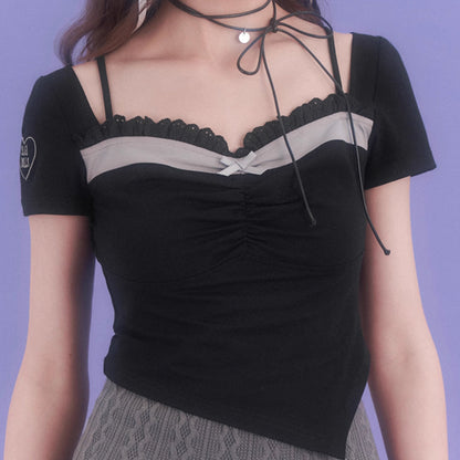 Black Thin Faux Two Piece Square Collar T-Shirt