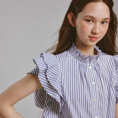 Blue and White Striped Puff Stand Collar Shirt
